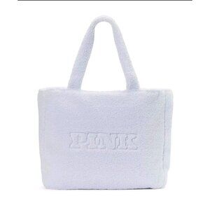 NWT VS PINK BLUE COZY SHERPA FLEECE LOGO ZIPPER TOTE BAG TRAVEL. HL253